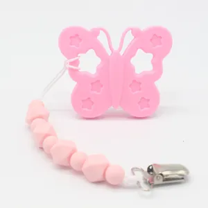 Chupetero de silicona rosa con mordedor de mariposa y cadena de seguridad de cuentas para bebés
