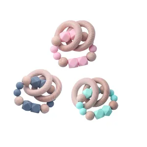Beech Wood Silicone Baby Teether Bracelet BPA Free Geometric Silicone Beads Wooden Rings Teething Toy For Infant Grasping Training