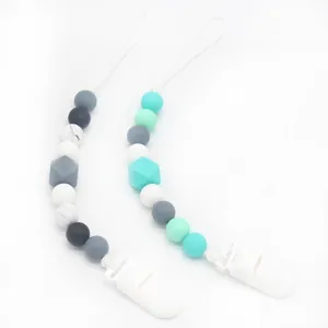Silicone pacifier clips set with grey and teal beads for baby soothing and teething