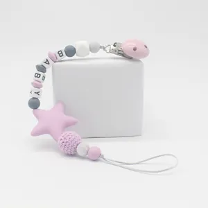 Silicone pacifier clip with star pendant and pink purple beads labeled BABY for infants