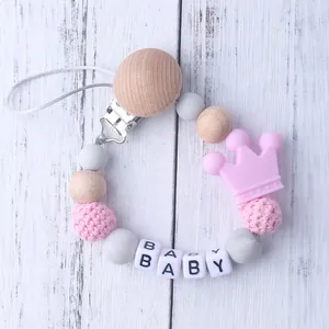 Baby Pacifier Clip Chain Silicone Teething Beads Beech Wood Crown Letter Alphabet Anti-lost Nipple Holder Shower Gift