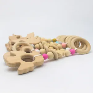 Anneau de dentition pour bébé en bois de hêtre naturel et perles en silicone forme éléphant