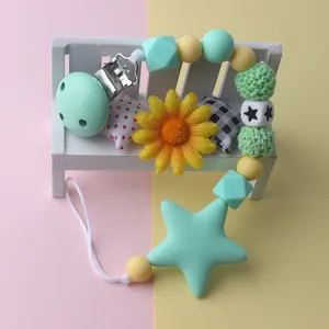 Silikon Schnullerkette mit Häkelperlen und mintgrünem Stern-Anhänger für Babys