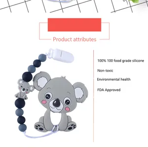 Detailed view of grey koala silicone teether set with food grade safety certifications