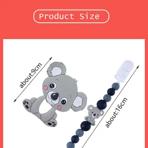 Detailed size specifications for koala silicone teether and blue beaded pacifier clip set