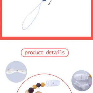 Detail showing the durable nylon cord and plastic clip of the silicone baby pacifier chain