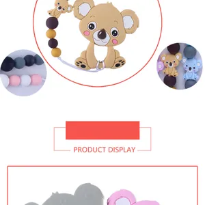 Detail showing silicone koala teether and colorful beaded pacifier clip set