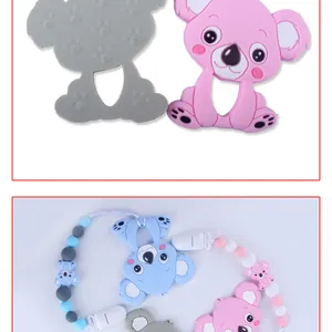 Detailed view of koala silicone teether and pacifier clip in various pastel colors