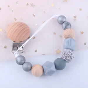 Attache-tétine en Silicone et Bois de Hêtre pour Bébé Chaîne de Dentition Perle Porte-sucette Anti-perte pour Nourrissons Tout-petits Cadeau Nouveau-né