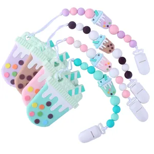 Catenella Portaciuccio con Massaggiagengive in Silicone a Forma di Tè alle Bolle Boba per Neonati Giocattolo da Masticare