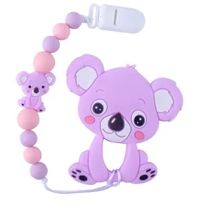 Purple silicone koala baby teether set with matching beaded pacifier clip chain