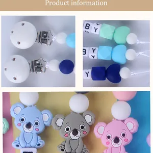 Detalle del sujetachupete de silicona con colgante de koala y cuentas de letras de colores