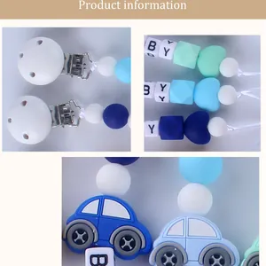 Detail der Silikon-Schnullerkette mit blauem Autoperle und sicherem Clip für Babys