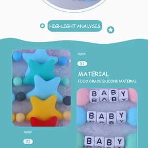 Detail of food grade silicone beads with BABY letter cubes and star shapes for pacifier clips