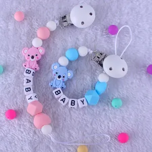 Sujetachupetes de Silicona para Bebé Cadena de Cuentas de Koala Antipérdida para Bebés Soporte para Mordedor Letras BABY