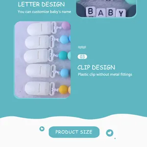 Detailed view of silicone pacifier clip with customized letter beads and plastic clasp