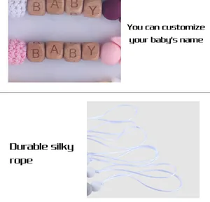 Detalle de cuentas de silicona y cubos de madera con letras BABY para sujetachupetes