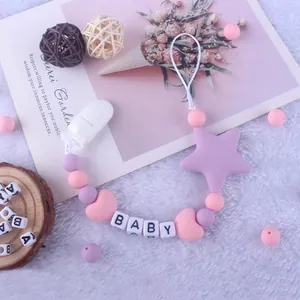 Silicone pacifier clip with baby letter beads and heart-shaped charms in pastel colors