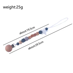 Sujetachupetes para bebé de silicona y madera con estrella y cuentas grabadas
