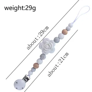 Silicone pacifier clip chain with beads and white rose flower for infants, 29cm length