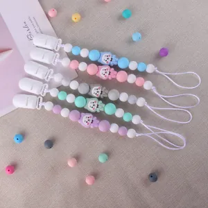 Cadena de Chupete de Silicona para Bebé con Cuentas de Animales de Dibujos Animados Oso Gato Calmante de Dentición para Infantes