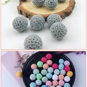 Detail of 16mm crochet wooden beads showing colorful cotton thread weaving textures