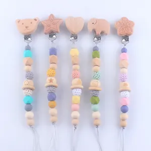 Silicone and wood baby pacifier clip set with animal shapes and crochet beads