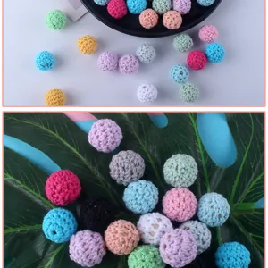 Detail of 16mm crochet wooden beads with handmade cotton texture in mixed macaron colors