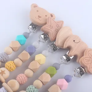 Silicone pacifier clip chain with colorful crochet beads and natural wooden animal clips
