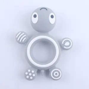 Grey turtle silicone baby teether toy with ring grip and multi-texture sensory surfaces
