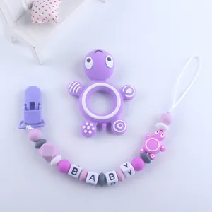 Paarse siliconen schildpad bijtring set met BABY letter fopspeenketting voor baby's