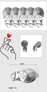 Detailed view of silver football metal clips for pacifiers with size markings and 3.8cm length