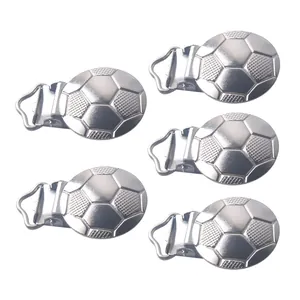Five pack of round metal soccer pacifier clips for baby DIY accessories on white background