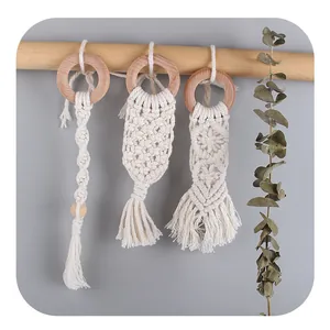 Handmade beech wood teether set with bohemian woven cotton rope tassels for infants