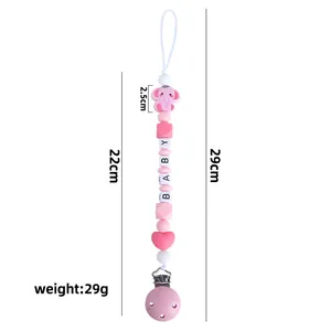 Catenella portaciuccio in silicone rosa con elefante e perline con lettere, 29cm