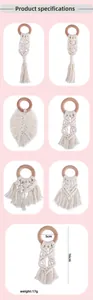 Seven styles of macrame baby teethers with beech wood rings, including size dimensions