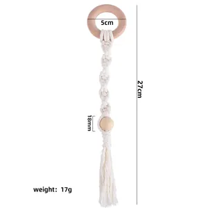 Handmade beech wood teether with woven cotton macrame tassel for infants