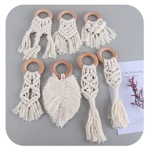 Baby Teether Beech Wood Macrame Cotton Rope Hand Knitted Chewing Toy For Infant Nursing Sensory Development Natural Wood Ring