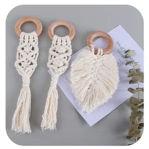 Handmade beech wood and macrame cotton rope baby teether set with leaf pattern and tassels