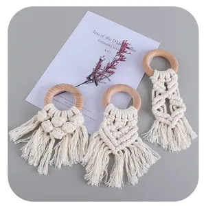 Handmade beech wood and cotton rope baby teether set with bohemian braided tassels