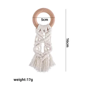 Handmade beech wood teething ring with woven cotton cord for babies, 16cm length