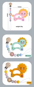 Detailed dimensions of the silicone lion teether and pacifier clip set in various colors