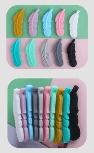 Detail of 10 color feather silicone beads with top holes for DIY baby teething pacifier clips
