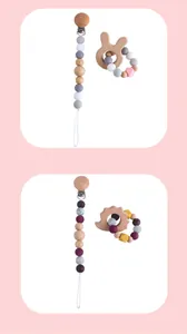 Detail of wooden animal teether and silicone bead pacifier clip set in soft pastel colors