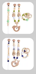 Natural beech wood and silicone bead baby teether and pacifier clip set accessories detail