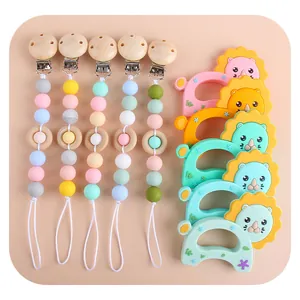 Silicone Baby Teether Set With Wooden Pacifier Clip Chain Lion Shape Molar Toy BPA Free For Infants Toddlers Teething Relief