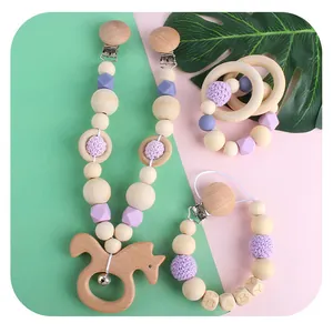 Baby Teether Toys Set Natural Beech Wood Silicone Pacifier Clip Stroller Hanging Toy Crochet Beads Infants Teething Rings Set