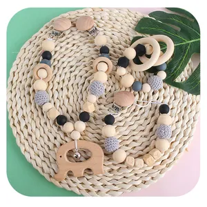 DIY baby teething toy set with wooden elephant rattle and silicone beaded pacifier clips