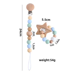 Baby teething set with beech wood star pendant and pastel silicone pacifier clip