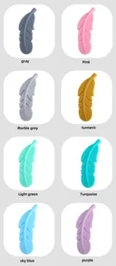 Detailed grid showing feather-shaped silicone beads in eight vibrant colors for DIY teething